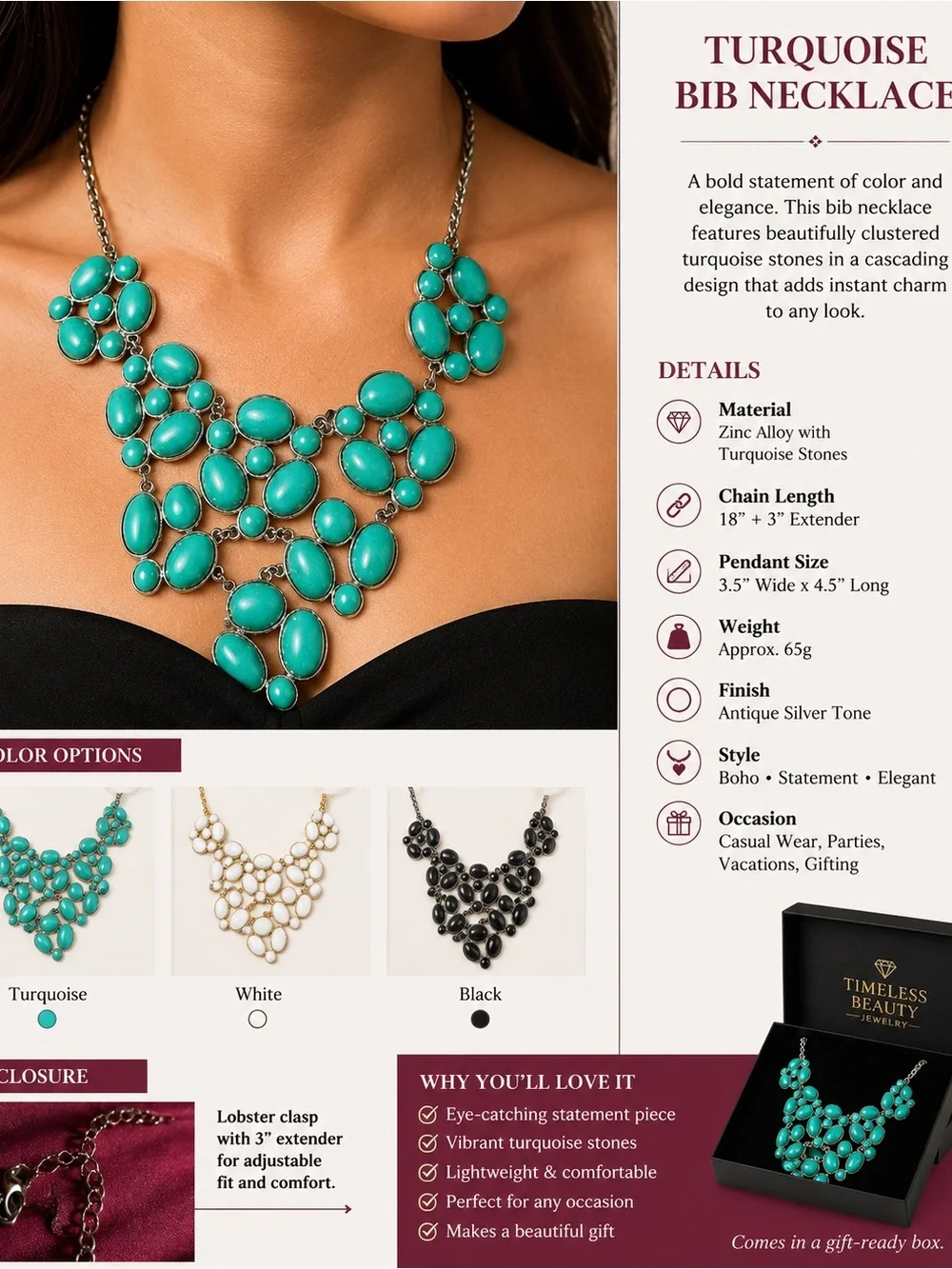 VintageTurquoise Bib Necklace - Little discoloration on the back & chain